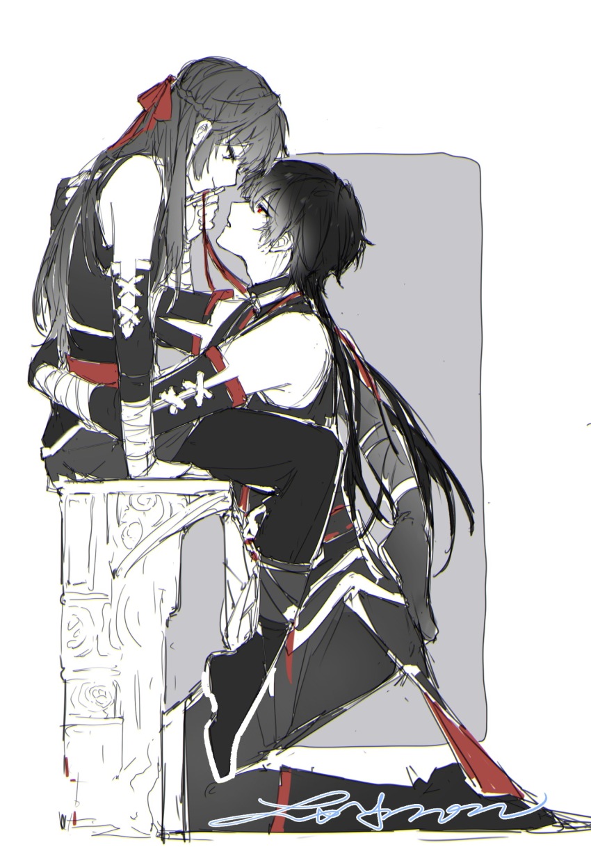 1boy, 1girl, adapted_costume, alternate_costume, arm_support, ayn_alwyn, ayn_alwyn_(long_night_together), bandaged_wrist, bandages, bare_shoulders, boots, braid, bubing, chinese_clothes, chinese_commentary, closed_mouth, cross-laced_clothes, cross-laced_gloves, elbow_gloves, eye_contact, face-to-face, femdom, foot_on_another's_back, from_side, full_body, gloves, grey_background, greyscale, hair_between_eyes, hair_ribbon, half-closed_eyes, half_up_braid, hand_on_another's_back, heroine_(lovebrush_chronicles), hetero, highres, holding, holding_ribbon, hug, knee_boots, kneeling, long_hair, long_sleeves, looking_at_another, looking_down, looking_up, lovebrush_chronicles, low_ponytail, matching_outfits, monochrome, official_alternate_costume, pants, parted_lips, ponytail, profile, red_eyes, red_ribbon, red_sash, ribbon, sash, simple_background, sitting, sleeveless_tunic, smile, spot_color, tunic, waist_sash, white_background