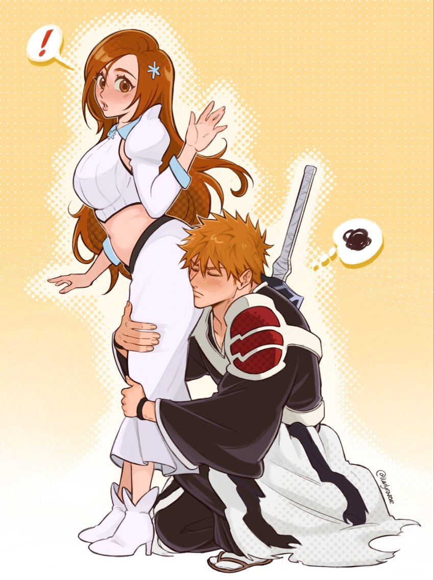 !, 1boy, 1girl, black_kimono, bleach, bleach:_sennen_kessen-hen, blush, boots