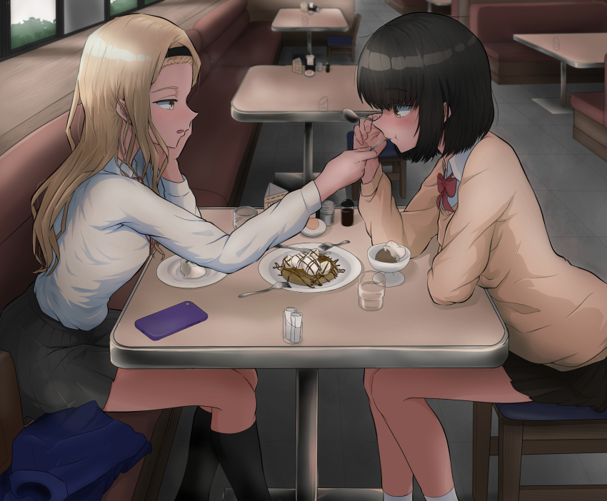 2girls, aged_up, black_hair, black_hairband, black_skirt, black_socks, blonde_hair, bow