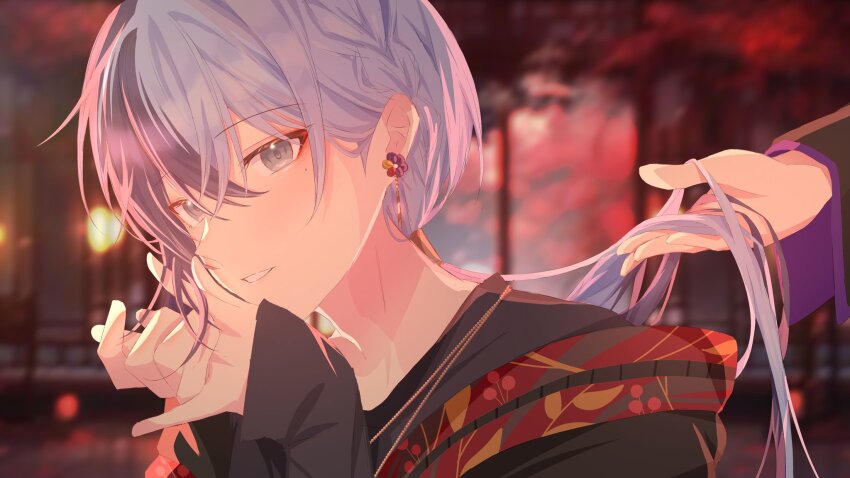 2boys, aoyagi_touya, black_skirt, earrings, flower, grey_eyes, hand_in_another's_hair, highres