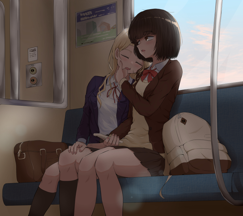 2girls, absurdres, aged_up, backpack, bag, black_hair, black_skirt, black_socks, blazer, blonde_hair, bow, bowtie, brown_eyes, brown_jacket, cheek_poking, closed_eyes, collared_shirt, dress_shirt, head_on_another's_shoulder, head_rest, highres, holding, holding_phone, jacket, kirarazaka_marina, kneehighs, kuze_shizuka, long_hair, long_sleeves, miniskirt, multiple_girls, ndk_(24176709), open_clothes, open_jacket, open_mouth, phone, pink_nails, pleated_skirt, poking, purple_jacket, red_bow, red_bowtie, school_bag, school_uniform, shirt, short_hair, sitting, skirt, sleeping, sleeping_on_person, sleeping_upright, socks, sweater, takopii_no_genzai, train_interior, white_shirt, wing_collar, yellow_sweater, yuri