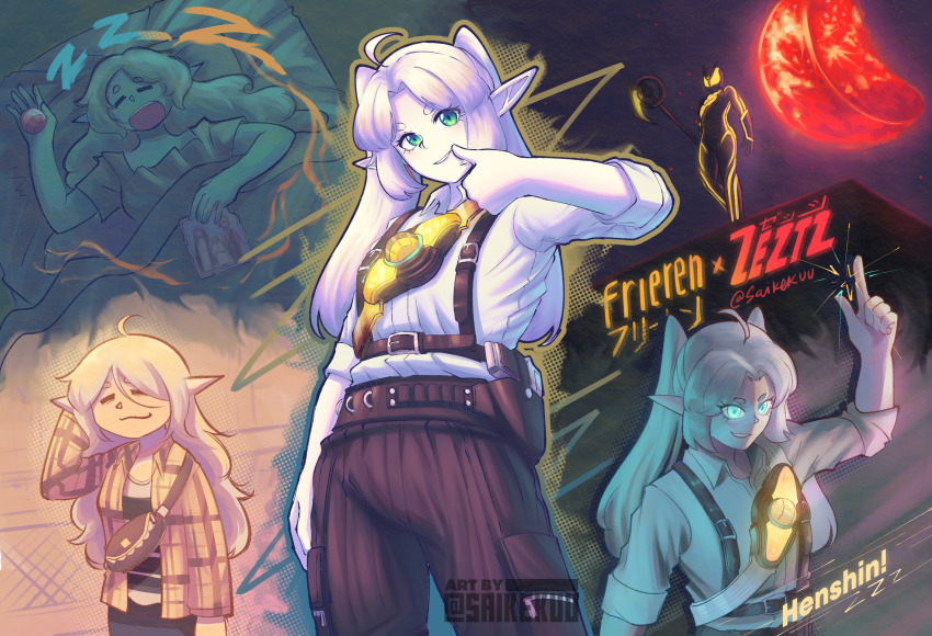 1girl, =_=, ahoge, artist_name, belt, capsems, closed_mouth, commentary, compound_eyes, cosplay, crossover, elf, frieren, glowing, green_eyes, helmet, highres, kamen_rider, kamen_rider_zeztz, kamen_rider_zeztz_(series), long_hair, moon, open_mouth, pointy_ears, red_moon, rider_belt, saikekuu, solo, sousou_no_frieren, spoken_zzz, tokusatsu, twintails, white_hair, yorozu_baku, yorozu_baku_(cosplay), zeztz_driver, zzz