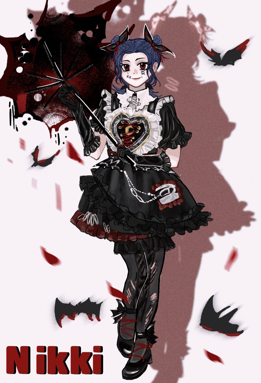 1girl, animal, ankle_boots, bat_(animal), black_bloomers, black_bow, black_dress, black_gloves