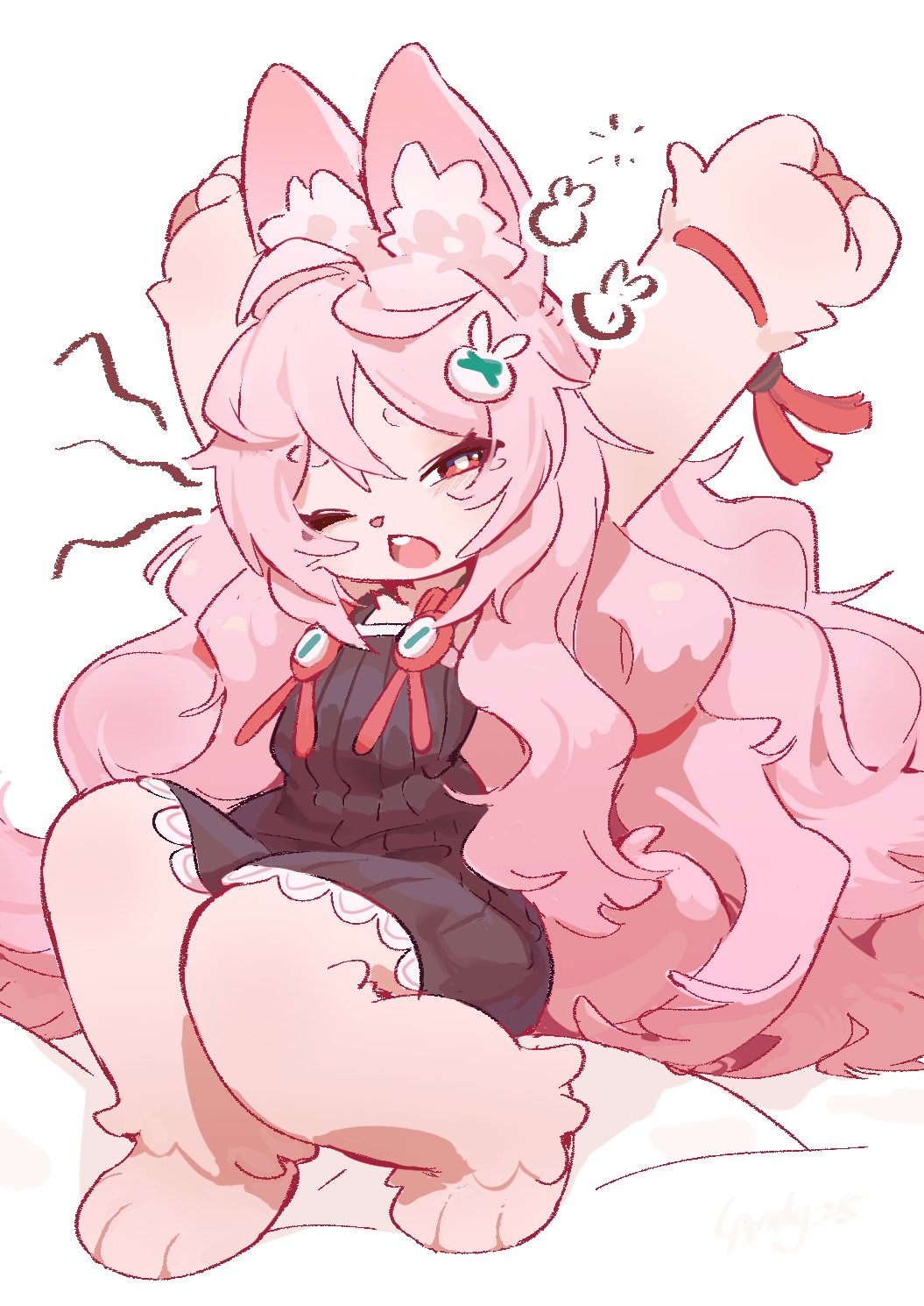 1girl, alternate_costume, animal_ear_fluff, animal_ears, animal_feet, arms_up, artist_name, black_dress