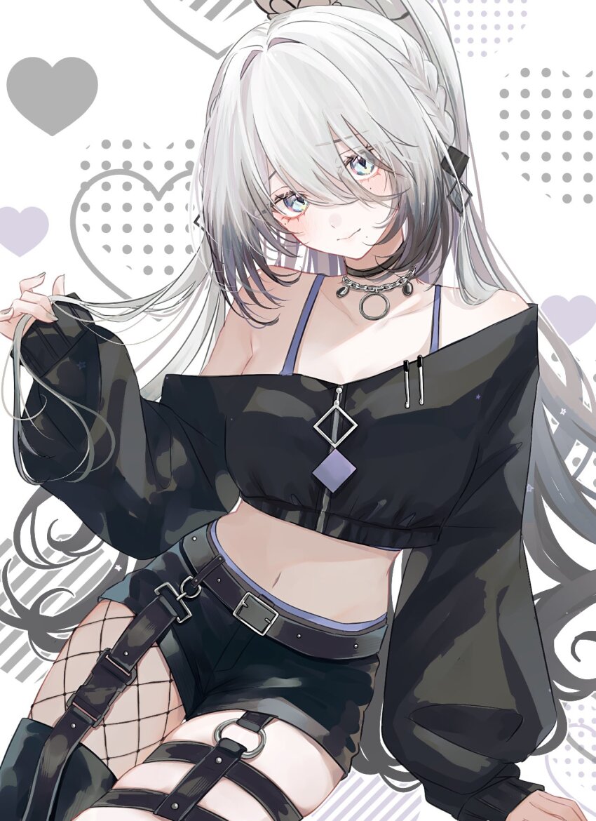 1girl, black_choker, blue_eyes, bra_strap, braid, breasts, choker, fishnet_pantyhose, fishnets, grey_hair, hair_between_eyes, high_ponytail, highres, long_hair, looking_at_viewer, maru_ru2020, medium_breasts, midriff, mole, mole_under_eye, mole_under_mouth, navel, nijisanji, off-shoulder_shirt, off_shoulder, pantyhose, playing_with_own_hair, ponytail, shirt, single_leg_pantyhose, sleeves_past_wrists, solo, sophia_valentine, virtual_youtuber