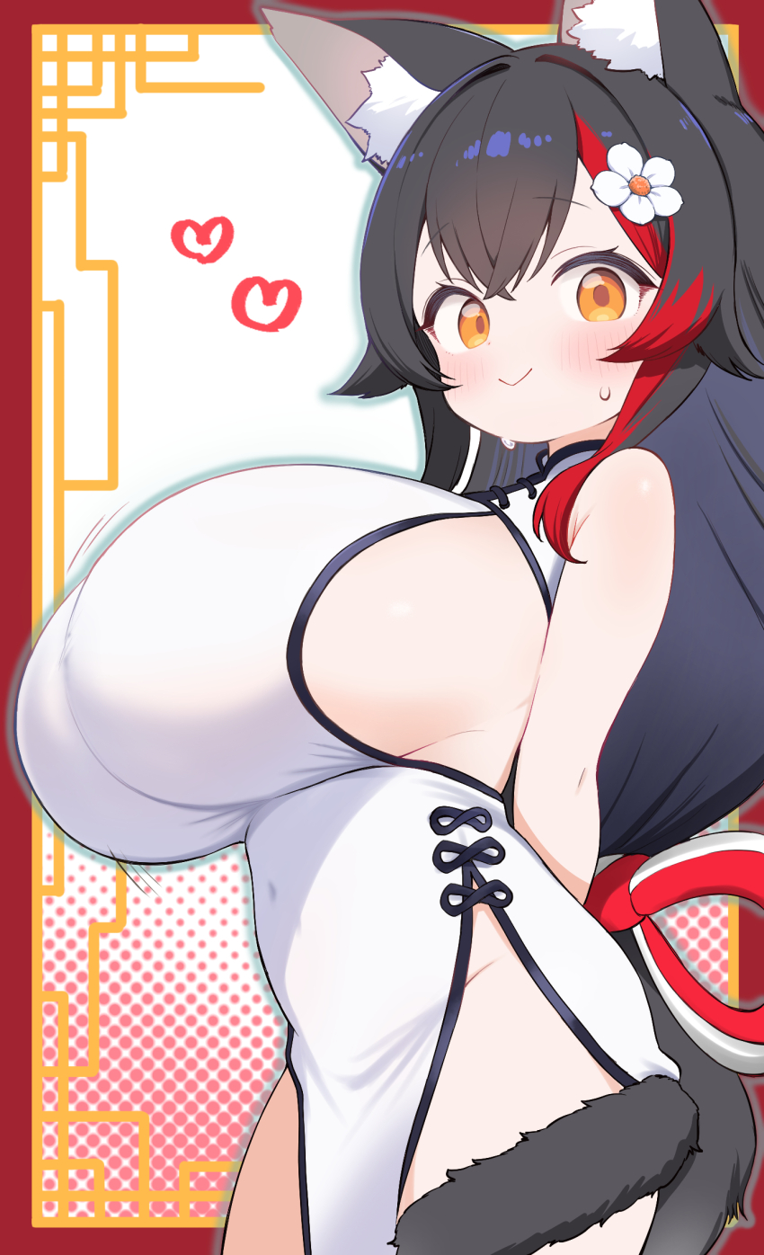 alternate_costume, breasts, china_dress, chinese_clothes, dress, highres, hololive, huge_breasts, kani_bonara, ookami_mio, virtual_youtuber, vitual_youtuber