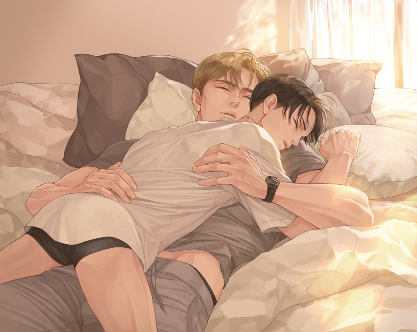 2boys, alternate_costume, black_hair, black_male_underwear, blonde_hair, boxer_briefs, closed_eyes, contemporary