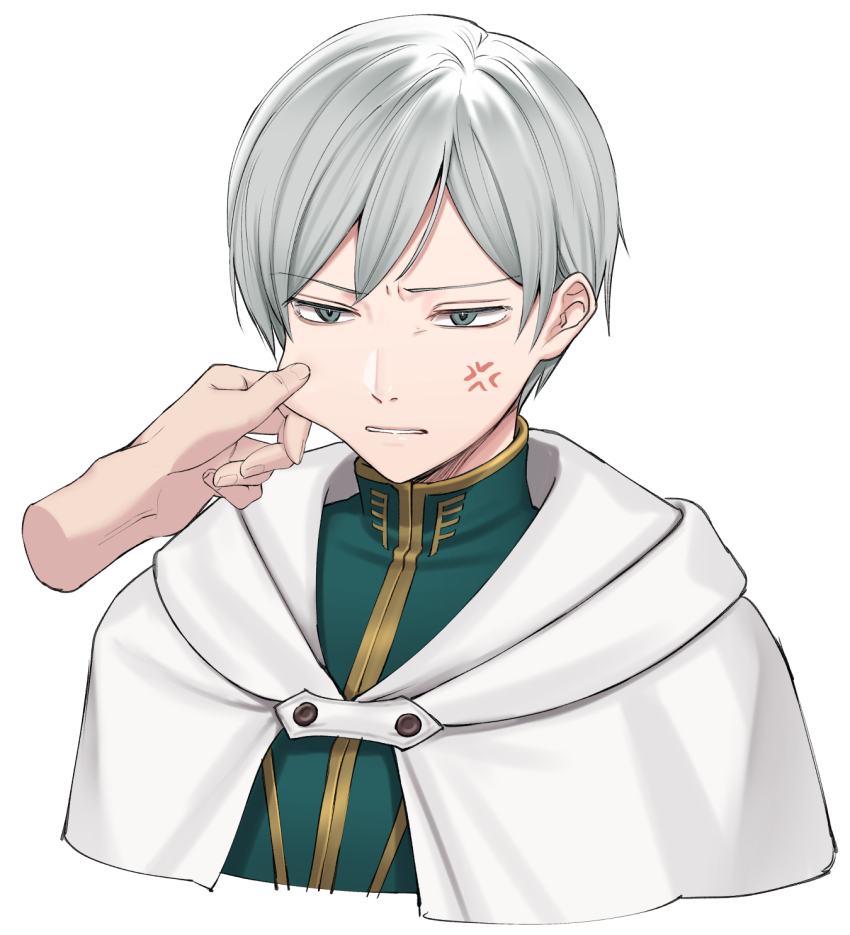 1boy, 1other, anger_vein, angry, blue_eyes, cape, cheek_pinching, commentary_request
