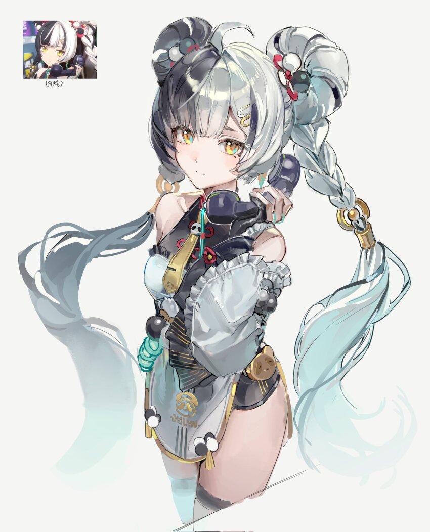 1girl, ahoge, animal_print, bare_shoulders, bear_print, black_hair, braid, braided_twintails, china_dress, chinese_clothes, closed_mouth, collarbone, corded_phone, cowboy_shot, detached_sleeves, dialyn_(zenless_zone_zero), double_bun, dress, earrings, f4d1a6, game_screenshot_inset, hair_bun, hair_extensions, hair_ornament, hairclip, hashtag-only_commentary, highres, holding, holding_phone, jewelry, light_smile, long_hair, looking_at_viewer, multicolored_hair, necktie, panda_print, phone, reference_inset, ring_hair_extensions, simple_background, solo, split-color_hair, talking_on_phone, thighhighs, white_background, white_dress, white_hair, white_sleeves, white_thighhighs, wire, yellow_eyes, yellow_necktie, zenless_zone_zero