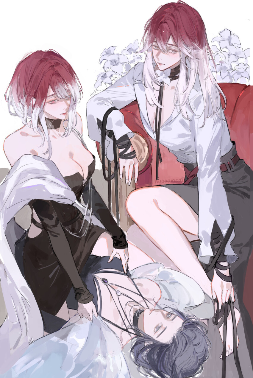 2girls, absurdres, bare_legs, bare_shoulders, barefoot, belt, black_choker, black_sleeves