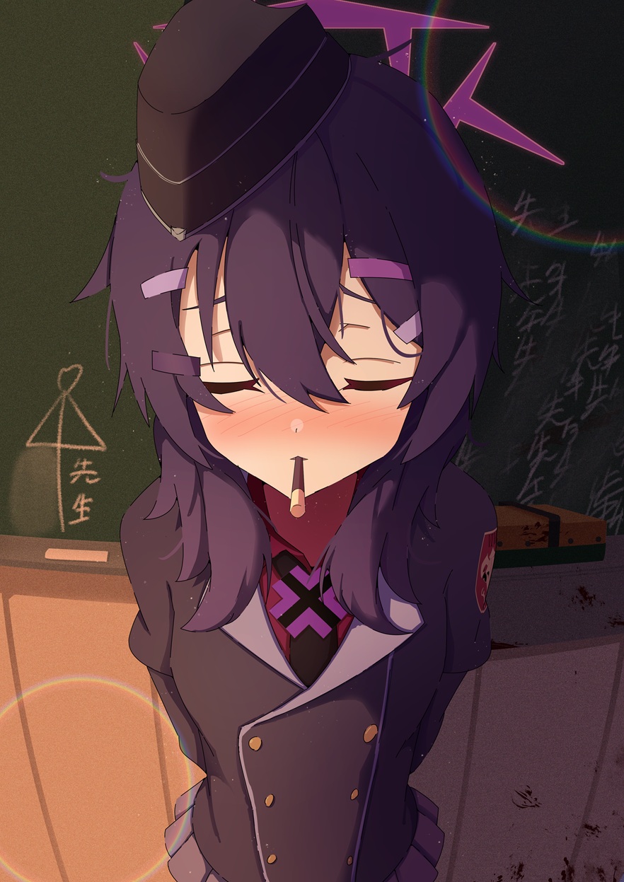 1girl, arms_behind_back, blood, blue_archive, blush, board_eraser, chalk, chalkboard, classroom, closed_eyes, commentary_request, facing_viewer, food, garrison_cap, hair_between_eyes, hair_ornament, hairclip, halo, haruka_(blue_archive), hat, highres, incoming_pocky_kiss, indoors, jacket, lens_flare, medium_hair, necktie, pocky, pocky_kiss, purple_hair, purple_halo, purple_jacket, purple_skirt, red_shirt, relief_07, shared_food, shirt, skirt, solo
