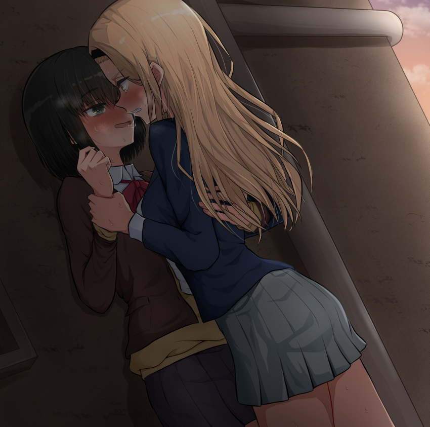 2girls, after_kiss, aged_up, blonde_hair, blue_shirt, blush, bow, bowtie, brown_hair, brown_shirt, clenched_teeth, commentary, grabbing_another's_arm, grey_eyes, grey_skirt, hand_on_another's_back, highres, kirarazaka_marina, kuze_shizuka, long_hair, multiple_girls, ndk_(24176709), on_wall, open_mouth, red_bow, red_bowtie, saliva, saliva_trail, school_uniform, shirt, short_hair, skirt, smile, sweat, sweatdrop, takopii_no_genzai, teeth, yellow_eyes, yuri