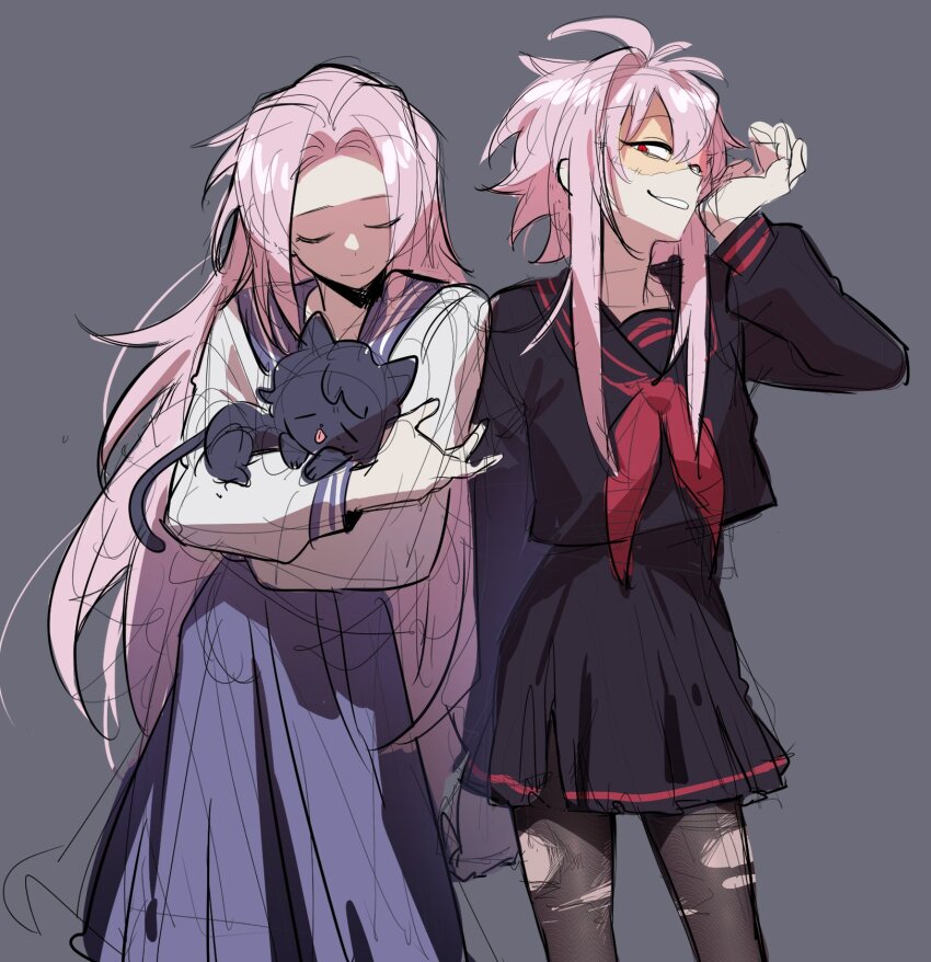 2boys, black_pantyhose, black_sailor_collar, black_shirt, black_skirt, blue_sailor_collar, blue_skirt, cat