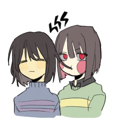 2others, animification, black_shirt, blue_sweater, blush, brown_hair, chara_(undertale), closed_eyes