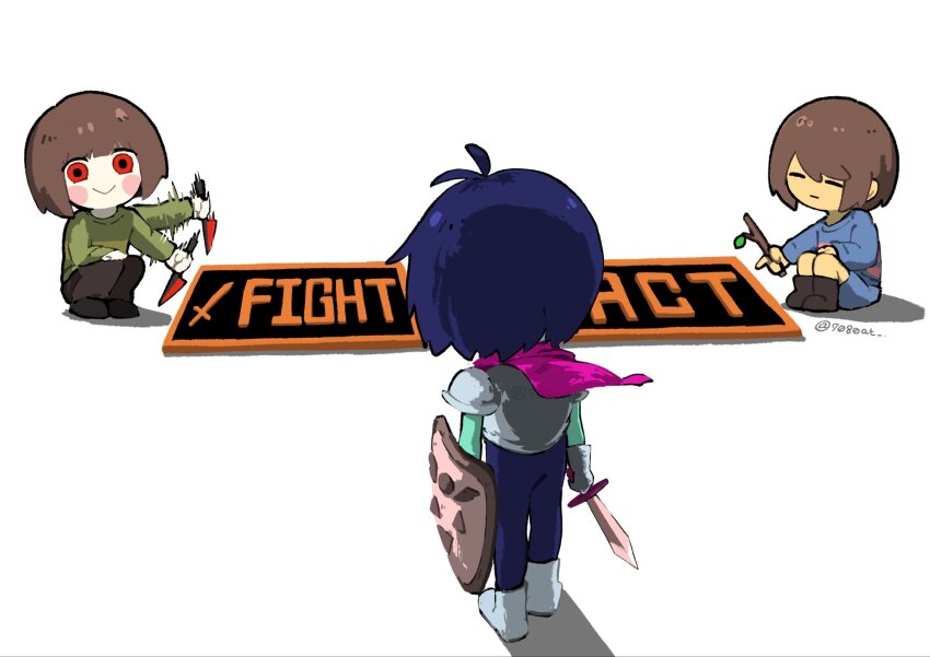 3others, 7080at, :>, antenna_hair, armor, artist_name, black_shoes, blue_pants, blue_shorts, blue_skin, blue_sweater, blunt_bangs, blunt_ends, boots, brown_boots, brown_hair, brown_pants, chara_(undertale), chibi, chibi_only, closed_eyes, closed_mouth, colored_skin, commentary_request, deltarune, floating_clothes, frisk_(undertale), from_behind, full_body, gloves, green_sweater, grey_armor, hand_on_own_knee, highres, holding, holding_knife, holding_shield, holding_stick, holding_sword, holding_weapon, knife, kris_(dark_world)_(deltarune), kris_(deltarune), long_sleeves, looking_at_another, multiple_others, other_focus, pants, pauldrons, pink_scarf, puffy_long_sleeves, puffy_sleeves, purple_hair, red_eyes, scarf, shadow, shield, shoes, short_hair, shorts, shoulder_armor, simple_background, single_stripe, sitting, smile, standing, stick, striped_clothes, striped_sweater, sweater, sword, undertale, utdr_(toby_fox), weapon, white_background, white_boots, white_gloves, yellow_skin