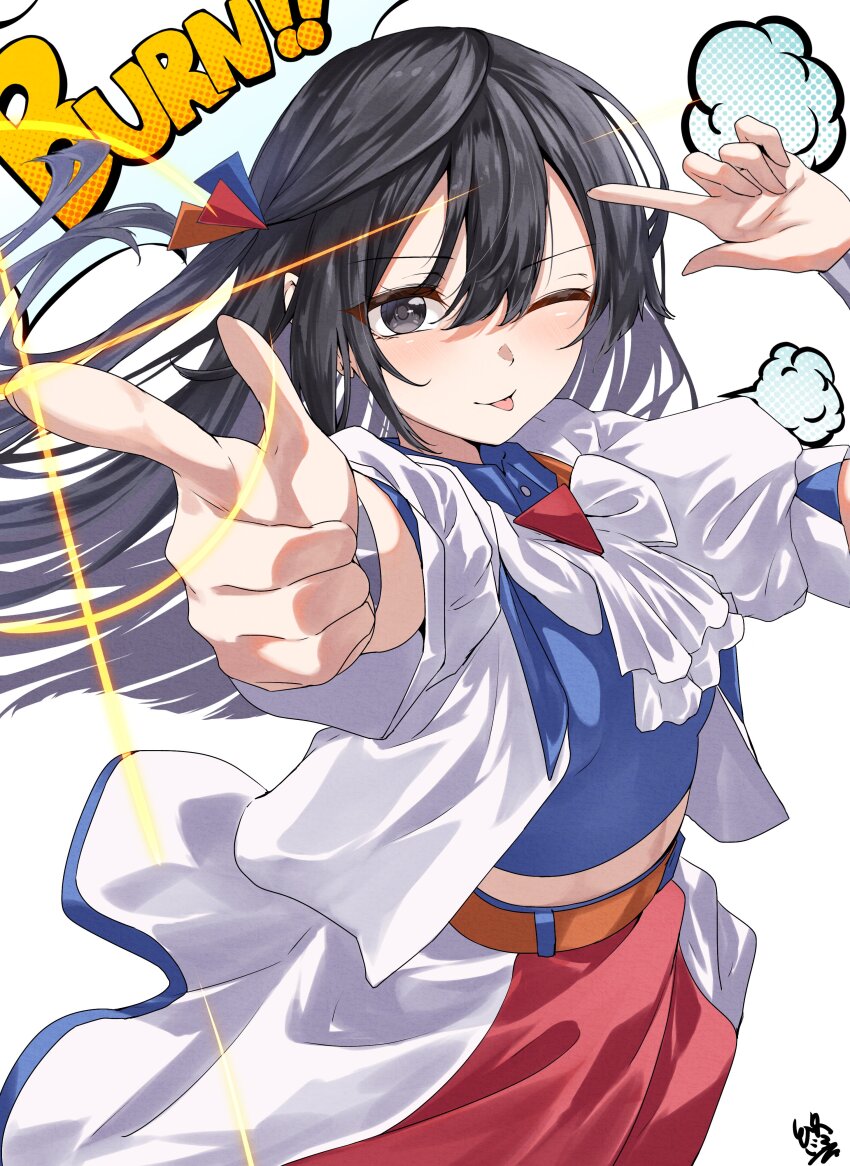 1girl, ;p, absurdres, black_hair, blue_shirt, blush, bow, bowtie