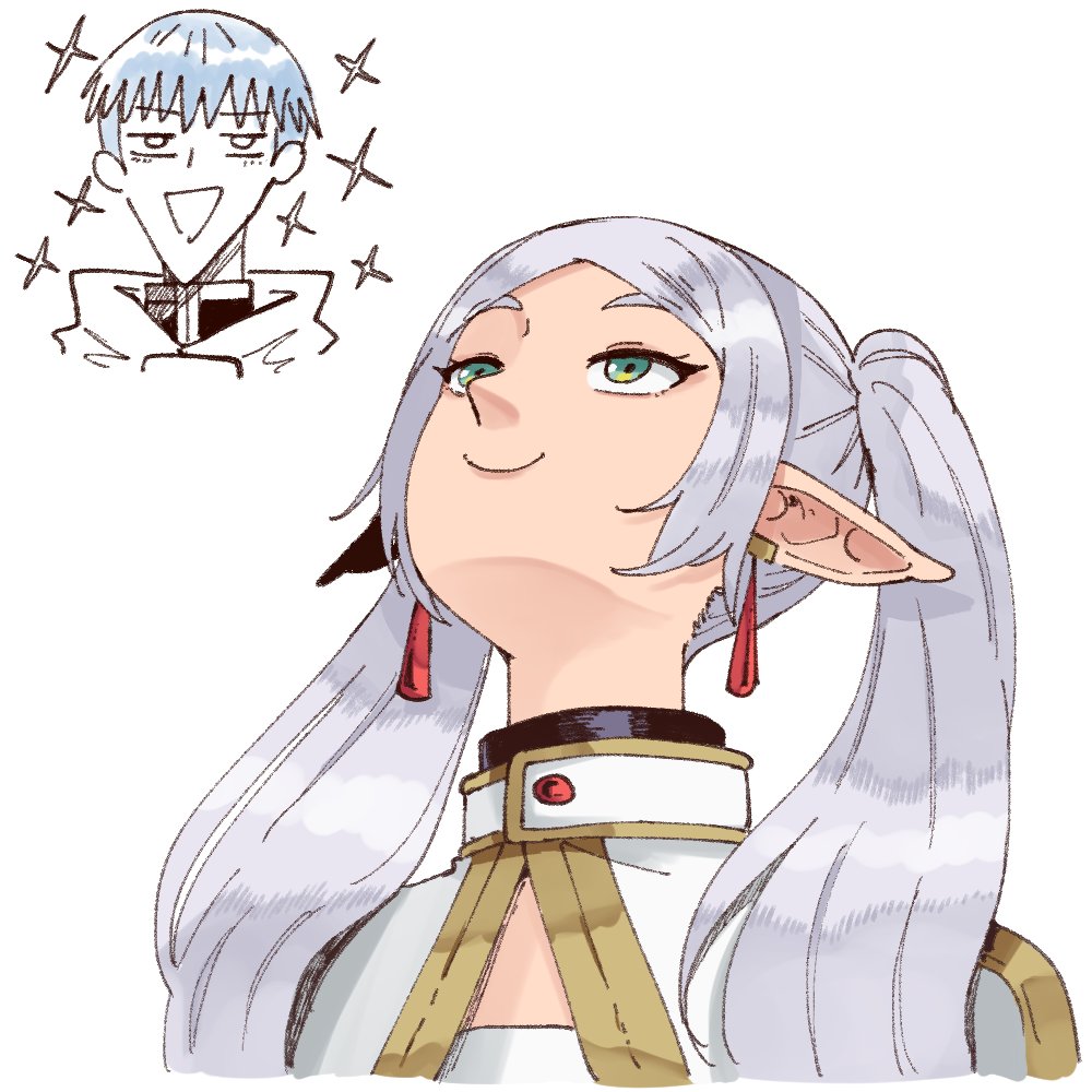 1boy, 1girl, blue_hair, capelet, commentary, earrings, english_commentary, frieren