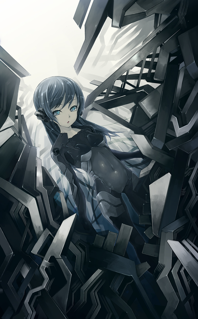 1girl, :o, bad_id, bad_pixiv_id, blue_eyes, blue_hair, bodysuit, dutch_angle