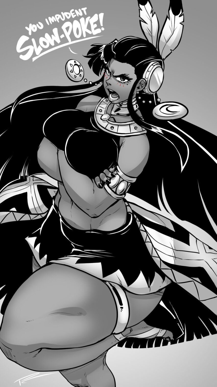 1girl, 2025, angry, armlet, arms_under_breasts, bare_legs, black_hair, black_nails, black_shirt, black_skirt, bracelet, breasts, commentary, crop_top, crossed_arms, dark-skinned_female, dark_skin, english_commentary, english_text, feather_hair_ornament, feet, female_focus, floating_hair, foot_out_of_frame, gold_trim, grey_background, groin, hair_ornament, highres, jewelry, large_breasts, leg_up, lips, long_hair, looking_at_viewer, metstli, midriff, monochrome, nail_polish, native_american, navel, open_mouth, platform_heels, pleasure_castle_(fakery_way), sega, serious, shirt, simple_background, skirt, solo, sonic_(series), sonic_and_the_blade_of_courage, standing, standing_on_one_leg, straight_hair, strappy_heels, thick_thighs, thighlet, thighs, toenail_polish, toenails, toes, waist_cape