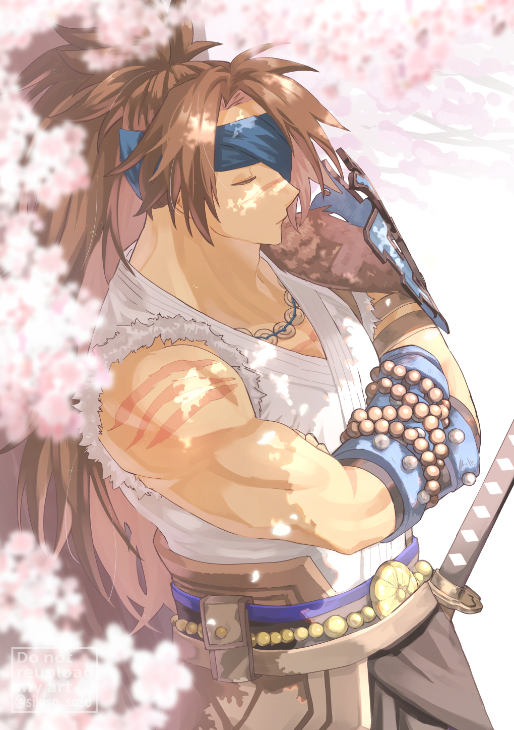 1boy, blue_headband, brown_hair, headband, highres, japanese_clothes, long_hair, male_focus