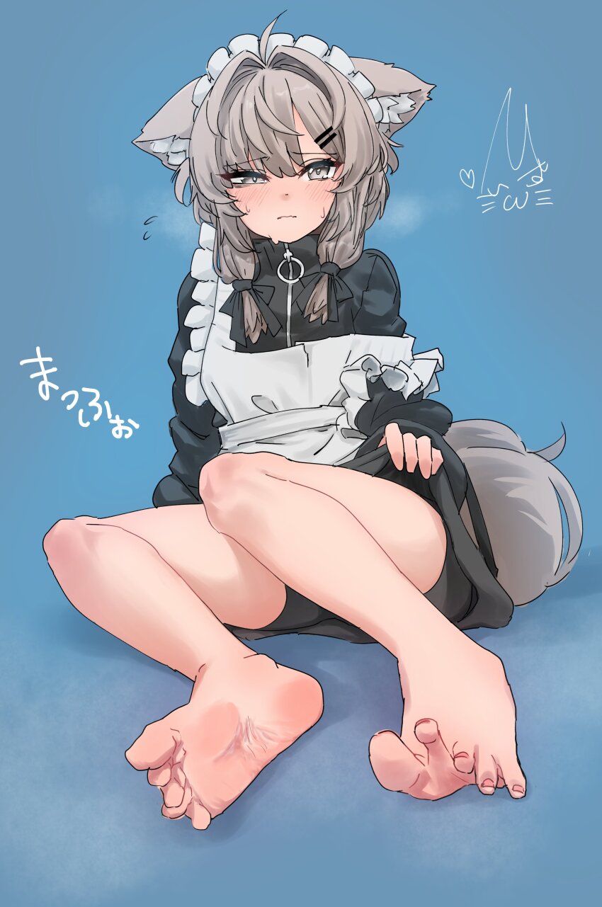 1girl, absurdres, animal_ear_fluff, apron, bare_legs, barefoot, bike_shorts, black_dress