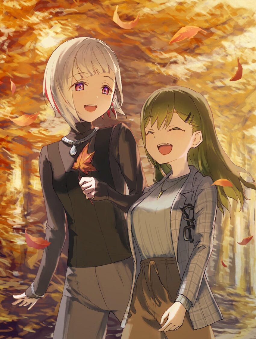 2girls, :d, autumn_leaves, black_shirt, breasts, brown_pants, chain, chain_necklace