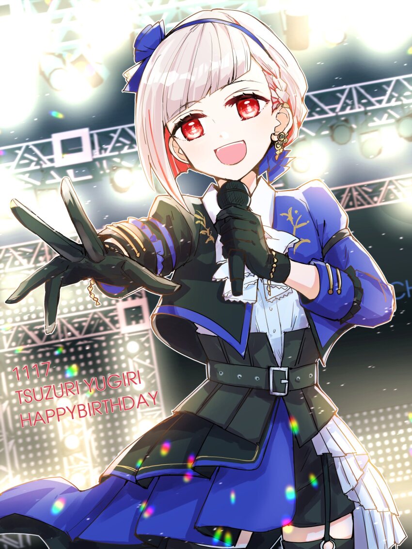 1girl, :d, black_gloves, black_shorts, blue_hairband, blue_jacket, bob_cut, braid, character_name, collared_shirt, commentary_request, compass_(love_live!), cowboy_shot, dated, diagonal_bangs, dutch_angle, gloves, hairband, happy_birthday, highres, inverted_bob, jacket, kanduki_kamibukuro, light_particles, link!_like!_love_live!, long_sleeves, looking_at_viewer, love_live!, official_alternate_costume, open_clothes, open_jacket, open_mouth, red_eyes, red_hair, red_streaks, shirt, shorts, side_braid, smile, solo, virtual_youtuber, white_hair, white_shirt, yugiri_tsuzuri