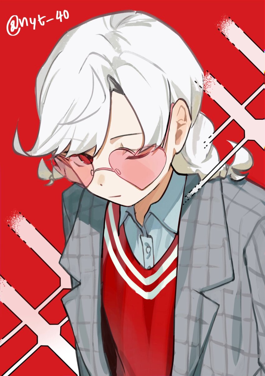 braid, closed_mouth, ena_(love-bullet), grey_jacket, hashtag-only_commentary, heart, heart-shaped_eyewear, highres