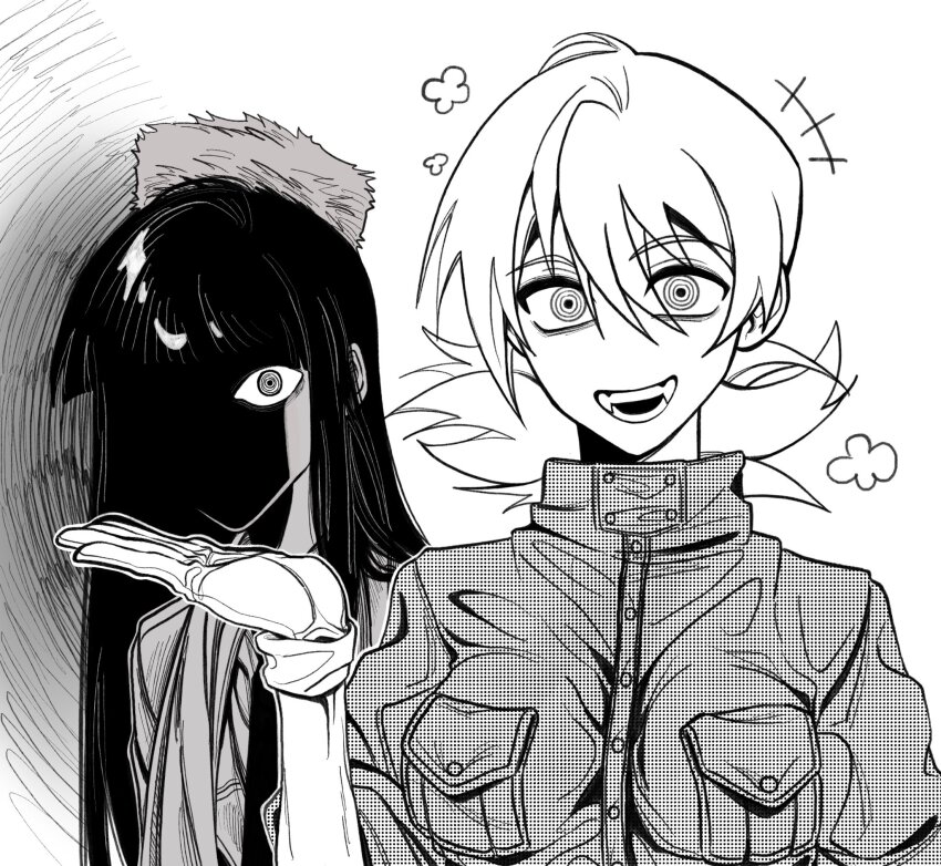 2girls, alucard_(hellsing), black_hair, fangs, fur_hat, girlycard, gloves, hat, hellsing, highres, long_hair, looking_at_viewer, monochrome, multiple_girls, one_eye_covered, open_mouth, ringed_eyes, seras_victoria, shaded_face, smile, white_background, zrvxnm