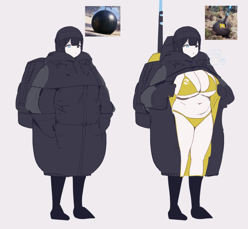 1girl, absurdres, arc_raiders, arc_surveyor, backpack, bag, bikini, black_coat