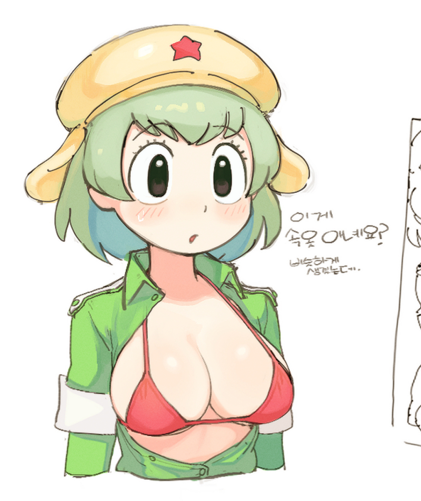 1girl, black_eyes, breasts, cleavage, collared_shirt, green_hair, green_shirt, hat