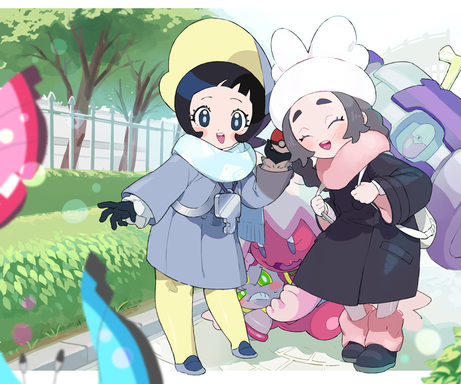 2girls, :d, ansha_(pokemon), backpack, bag, black_eyes, black_gloves, black_hair