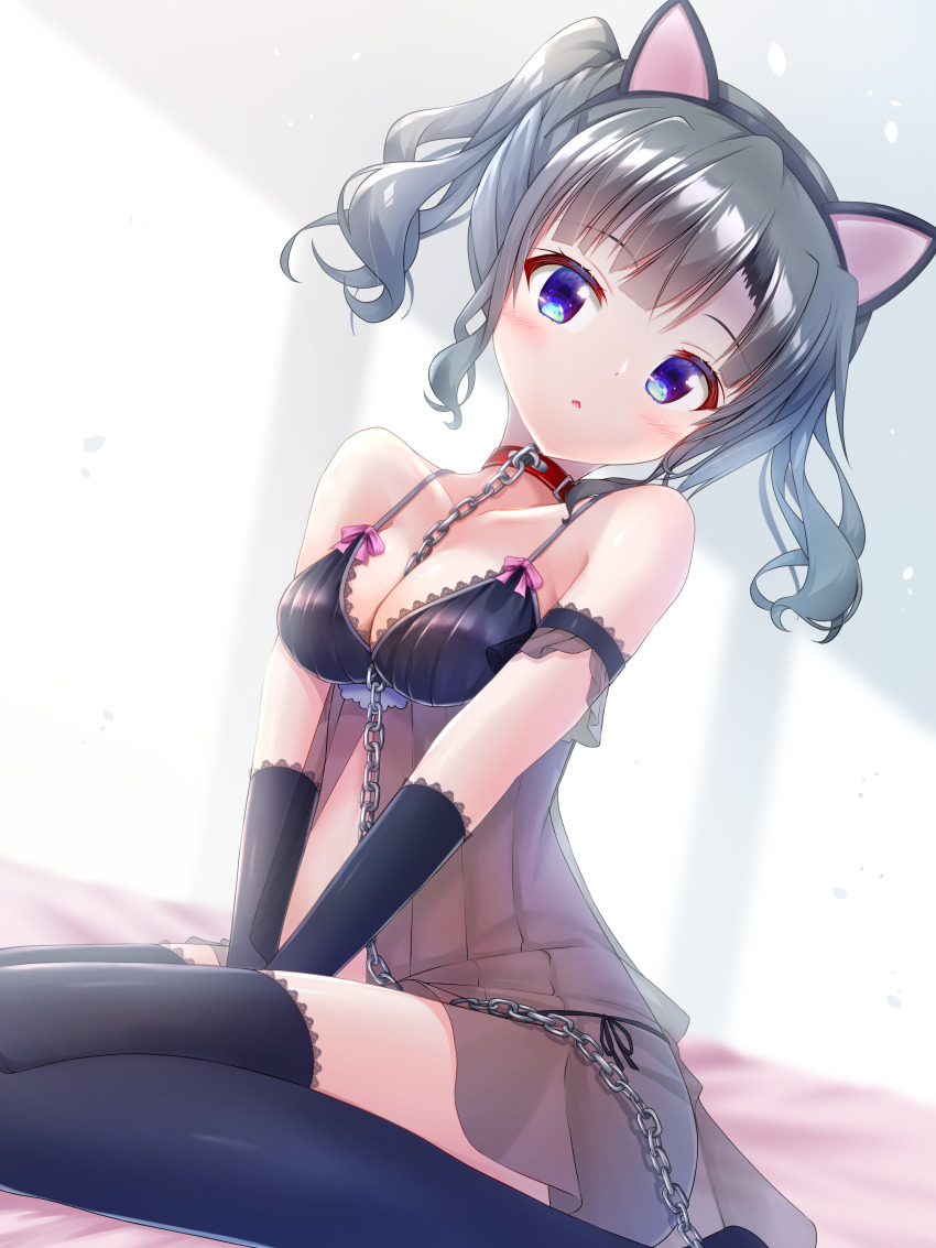 1girl, absurdres, animal_ear_hairband, animal_ears, arm_strap, babydoll, bare_shoulders, between_breasts