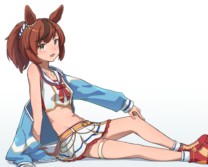 1girl, animal_ears, belt, blue_jacket, blush, bow, breasts, brown_eyes, brown_hair, cheerleader, cocoa_inryo, collarbone, crop_top, highres, horse_ears, horse_girl, horse_tail, jacket, jacket_partially_removed, looking_at_viewer, medium_hair, midriff, multicolored_hair, navel, nice_nature_(run&amp;win)_(umamusume), nice_nature_(umamusume), open_clothes, open_jacket, open_mouth, ponytail, red_bow, shirt, shoes, simple_background, single_bare_shoulder, skirt, smile, socks, solo, streaked_hair, tail, thigh_strap, umamusume, white_background, white_shirt, white_skirt, white_socks, yellow_belt