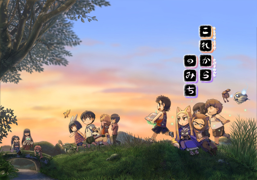 5boys, 6+girls, alien, amami_(yuu_yake_koya_ke), animal_ears, bird, branch, bridge