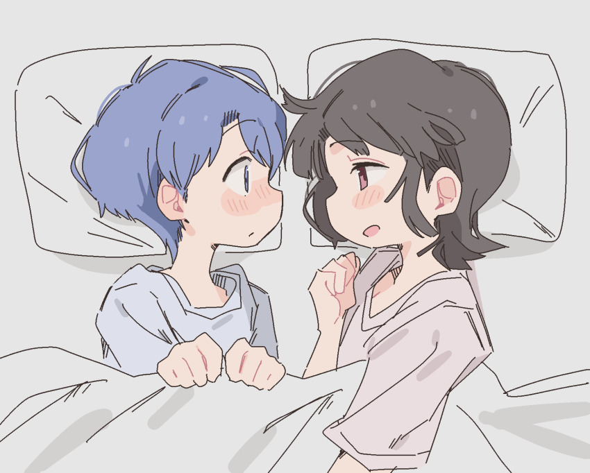 2girls, amakazari_eri, bed_sheet, black_hair, blanket, blue_eyes, blue_hair, blue_shirt