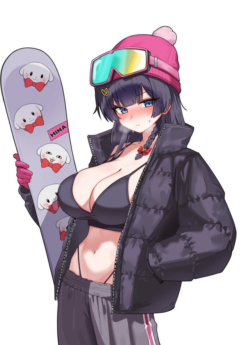 1girl, absurdres, bare_shoulders, beanie, black_bra, black_hair, black_jacket, blue_eyes
