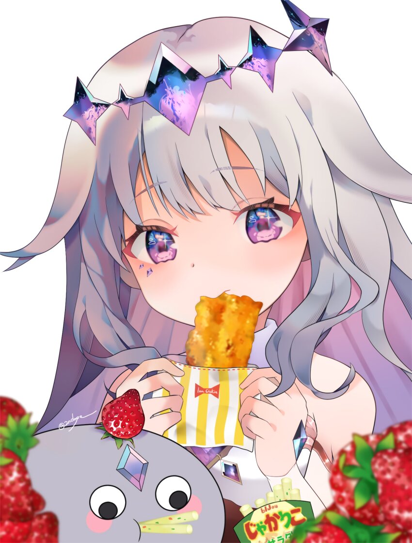 1girl, 2ndope, absurdres, blurry, blurry_foreground, chicken_(food), commentary_request, eating, famichiki, food, fried_chicken, fruit, grey_hair, hair_flaps, headpiece, highres, holding, hololive, hololive_english, jagarico, jewel_under_eye, koseki_bijou, koseki_bijou_(1st_costume), long_hair, looking_at_viewer, pebble_(koseki_bijou), purple_eyes, simple_background, solo, strawberry, upper_body, virtual_youtuber, white_background
