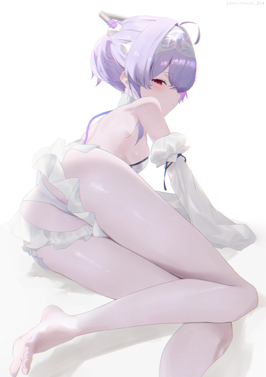 1girl, absurdres, ahoge, ass, barefoot, blush, breasts, collar