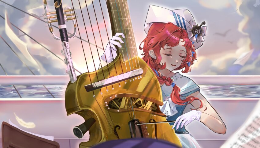 1girl, absurdres, barcarola_(reverse:1999), blue_shirt, blurry, blurry_background, bow_(music), closed_eyes