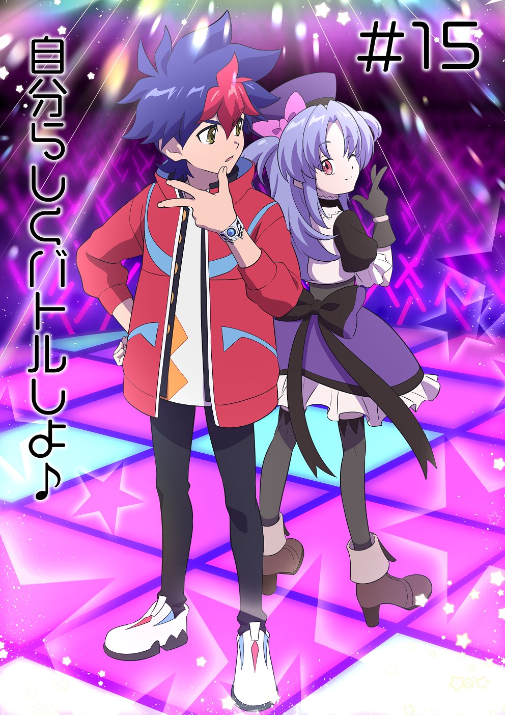 1boy, 1girl, anime_coloring, bangle, black_gloves, black_pants, blue_hair, bow