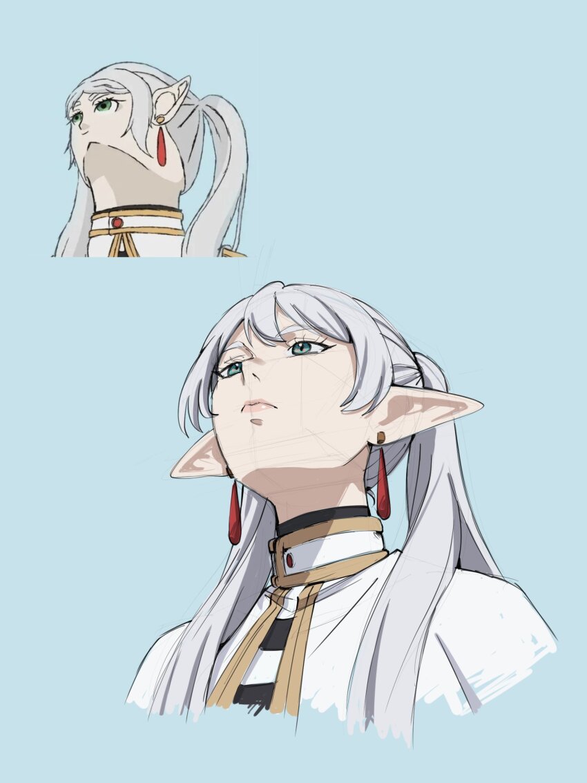 1girl, absurdres, blue_background, blue_sky, capelet, celestra, commentary, cropped_shoulders