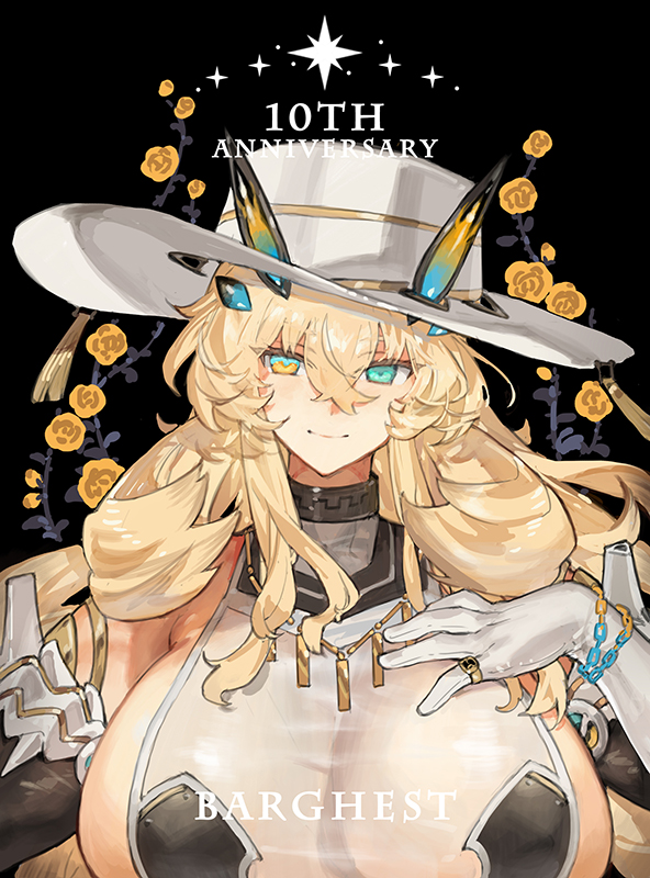 1girl, bare_shoulders, barghest_(celebratory_attire)_(fate), barghest_(fate), biceps, black_dress, black_gloves, blonde_hair