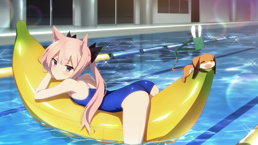 1girl, afloat, anime_coloring, ass, banana_boat, blush, breasts, closed_eyes