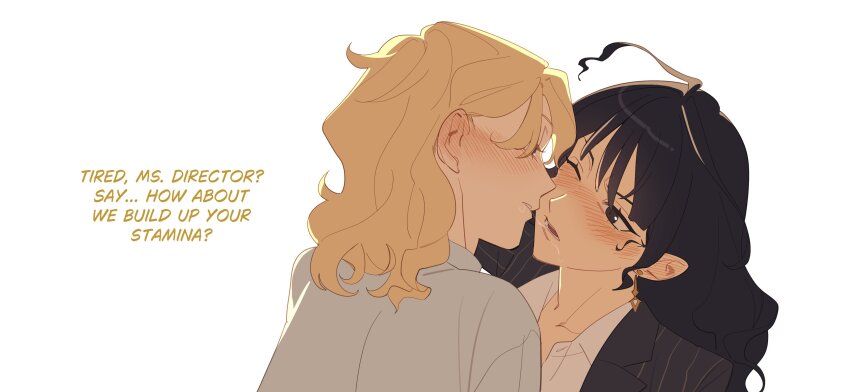 2girls, absurdres, after_kiss, black_eyes, black_hair, black_jacket, blonde_hair, blush, chocoyanstickz, commentary, ear_blush, earrings, english_commentary, english_text, female_trainer_(umamusume), highres, jacket, jewelry, kashimoto_riko, long_hair, looking_at_another, multiple_girls, original, parted_lips, saliva, saliva_trail, shirt, simple_background, trainer_(umamusume), umamusume, white_background, white_shirt, yuri