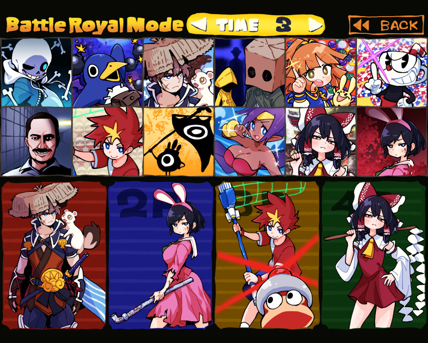 5girls, 6+boys, animal, animal_ears, arle_nadja, black_hair, blood, blood_on_clothes, blood_on_face, bomb, bone, breasts, brown_hair, carbuncle_(puyopuyo), character_select, cleavage, commentary, coppa, crossover, cuphead, cuphead_(game), dark-skinned_female, dark_skin, detached_sleeves, disgaea, dress, english_text, explosive, facial_hair, fake_animal_ears, fuurai_no_shiren, gloves, gohei, gram_9, grin, hakurei_reimu, hand_on_own_hip, hatepon, highres, holding, holding_gohei, hood, hood_up, index_finger_raised, japanese_clothes, kakeru_(saru_getchu), large_breasts, lead_pipe, little_nightmares, long_hair, mono_(little_nightmares), multicolored_hair, multiple_boys, multiple_crossover, multiple_girls, mustache, nintendo, open_mouth, parody, patapon, pipo_monkey, prinny, puyo_(puyopuyo), puyopuyo, rabbit_ears, raincoat, red_hair, sailor_collar, sans_(undertale), saru_getchu, scar, scar_on_face, shantae, shantae_(series), shimizu_hinako, shimizu_hinako_(pink_rabbit_costume), shiren_(fuurai_no_shiren), silent_hill_(series), silent_hill_f, six_(little_nightmares), smile, sparkle, super_smash_bros., sword, the_exit_8, the_walking_man_(the_exit_8), touhou, undertale, utdr_(toby_fox), weapon, white_gloves, yellow_raincoat