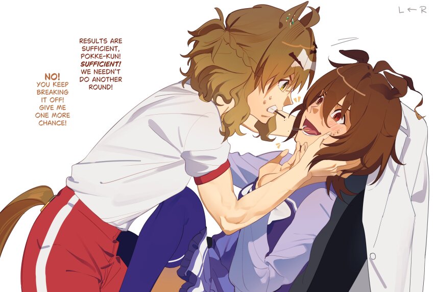 2girls, absurdres, agnes_tachyon_(umamusume), animal_ears, blush, braid, brown_eyes, brown_hair