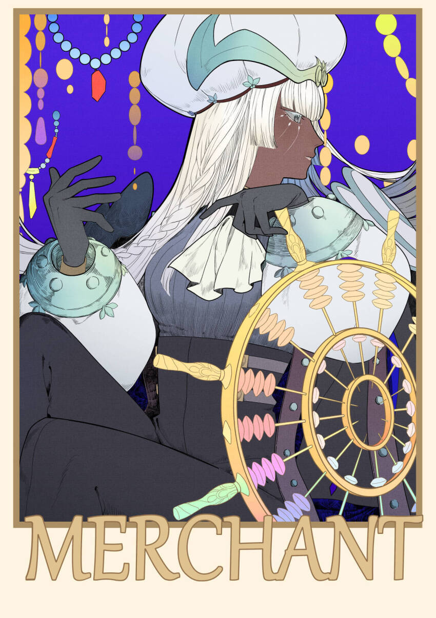 1girl, ascot, black_gloves, black_pants, blue_background, border, breasts, brigitta_(metaphor:_refantazio)