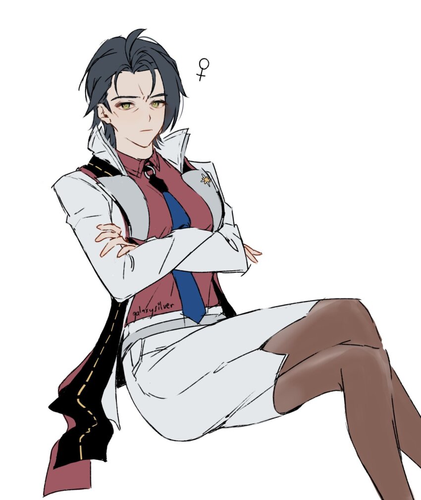 1girl, black_hair, blue_necktie, breasts, brown_pantyhose, collared_shirt, crossed_arms, crossed_legs