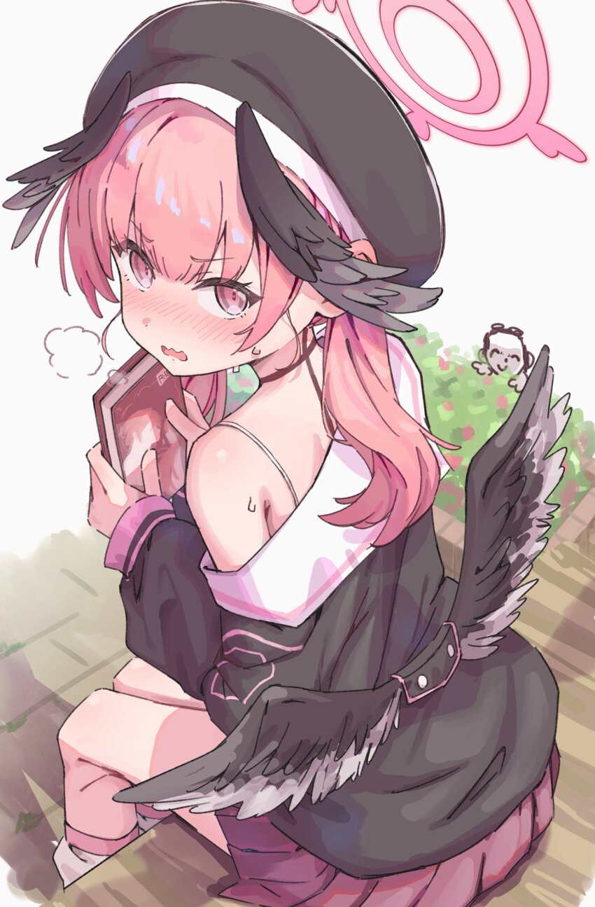 1boy, 1girl, black_hat, black_wings, blue_archive, blush, book, doodle_sensei_(blue_archive)